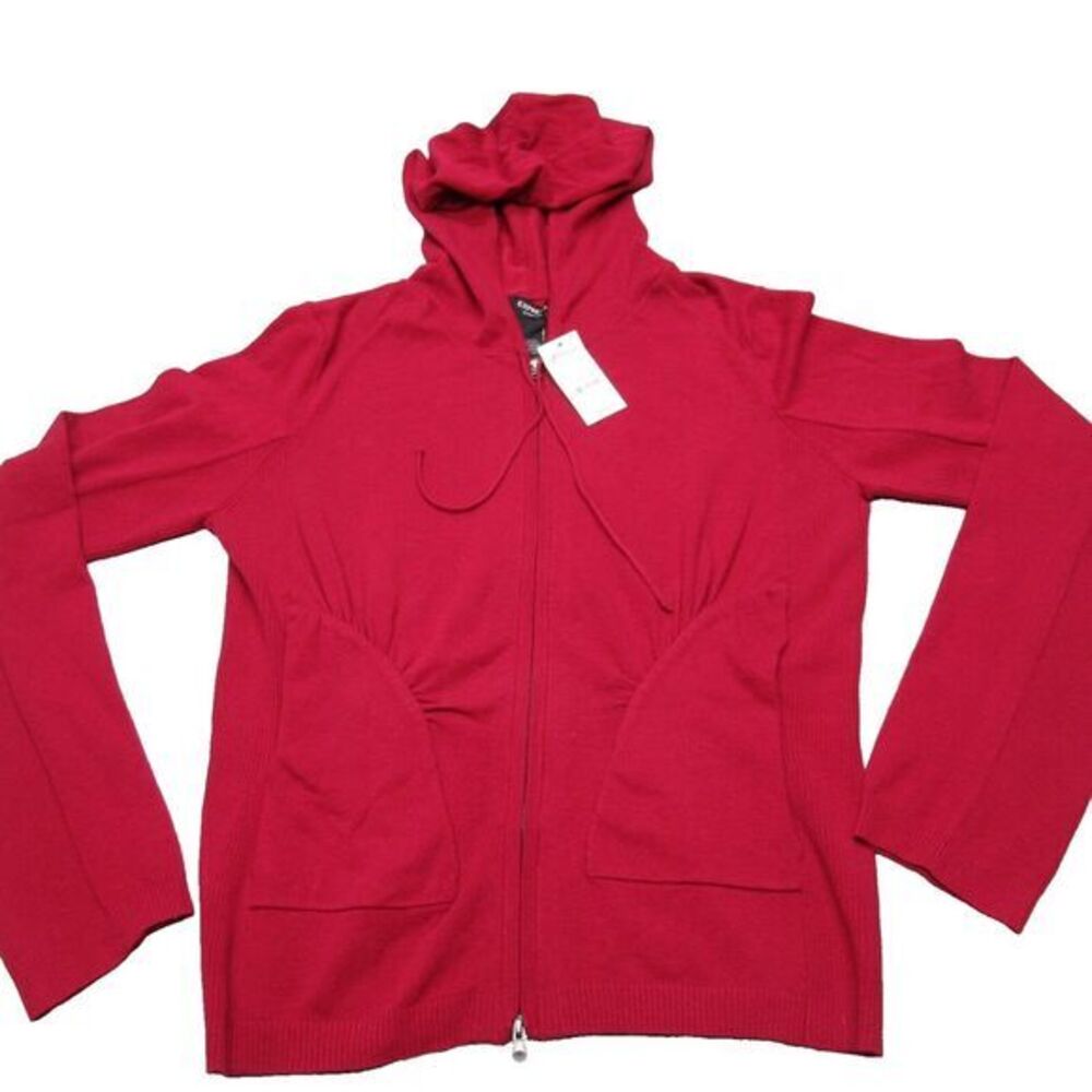 Express Stretch Hoodie Womens Large Red Knit‎ Pockets Full Zip Sweatshirt NWD